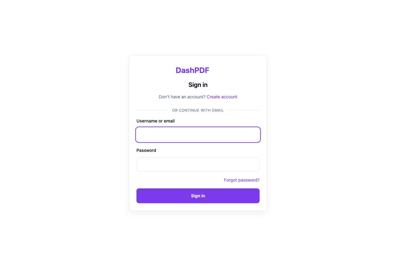 DashPDF sign-in page with Create account