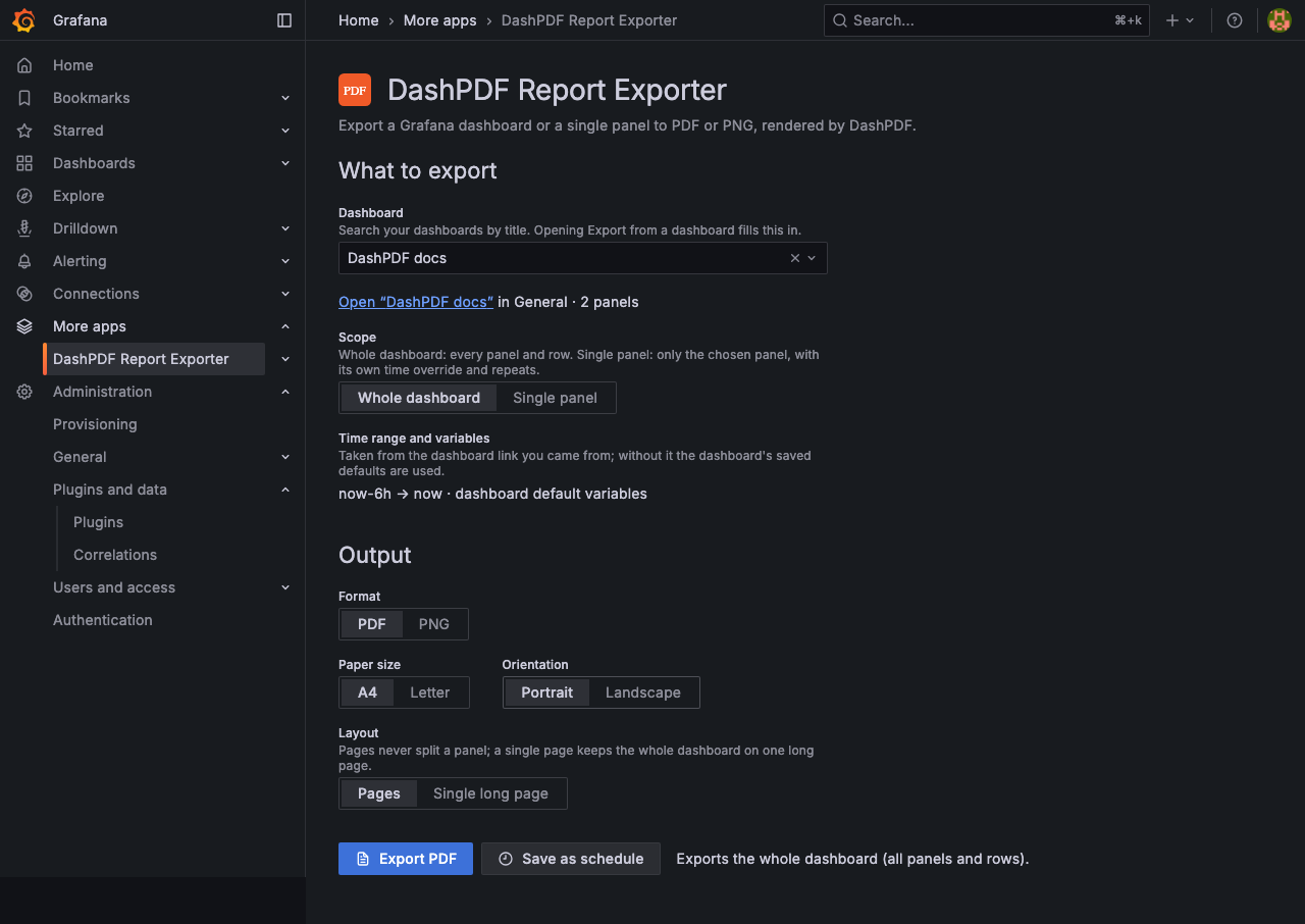 Export page with a whole dashboard selected