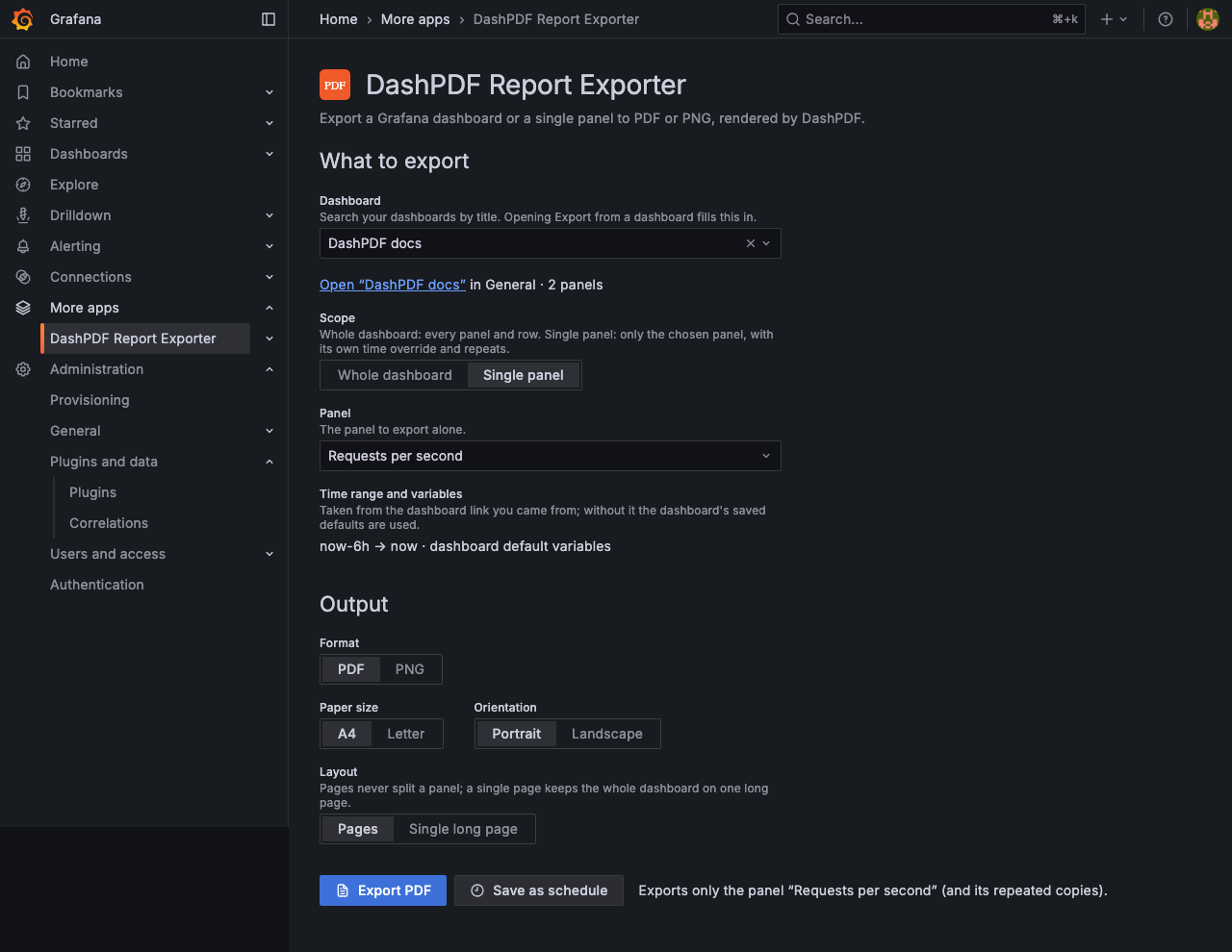 Export page with a single panel selected