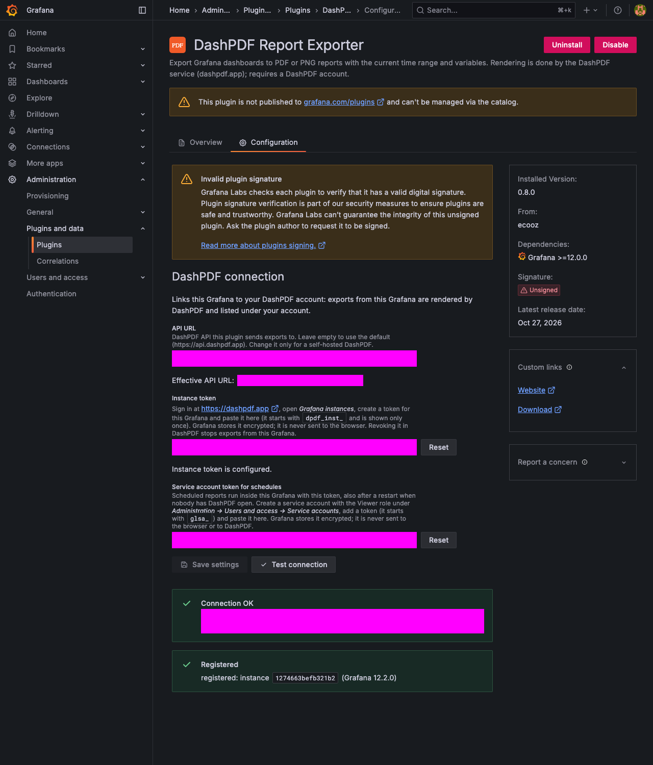 Plugin configuration page after a successful connection test