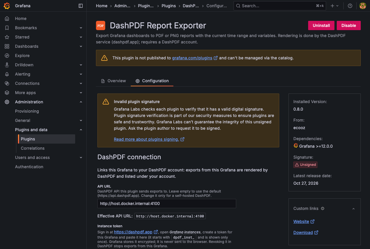 DashPDF Report Exporter on the Grafana plugins page