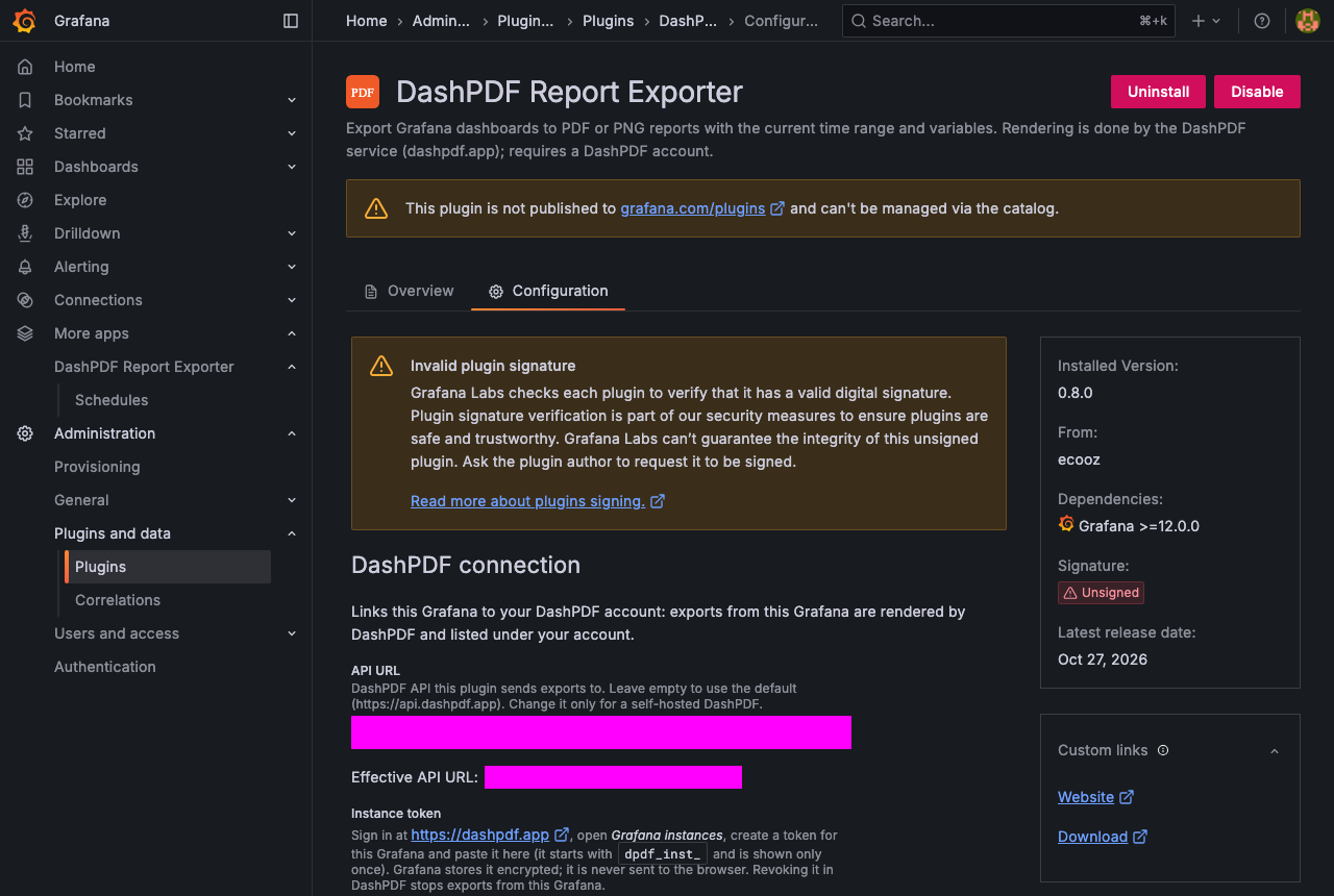 Configuration page for a Grafana Admin