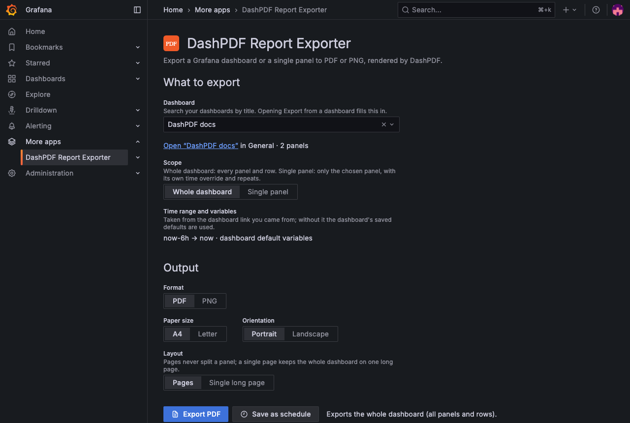 Export page for an Editor with Save as schedule