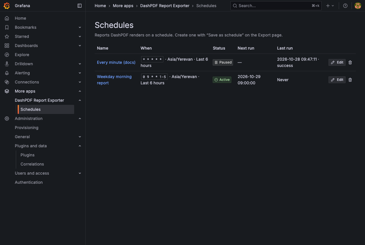 Schedules page with an active and a paused schedule